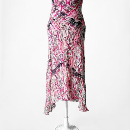 Vintage Pink Silk Lace Detail Asymmetric Hem Cocktail Midi Dress Size S/M