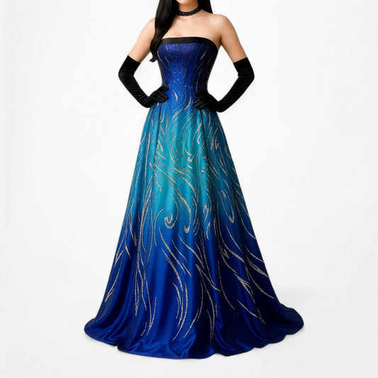 Vintage Blue Strapless Satin Mesh Ombre Fit Flared Maxi Formal Prom Dress Size XS/S