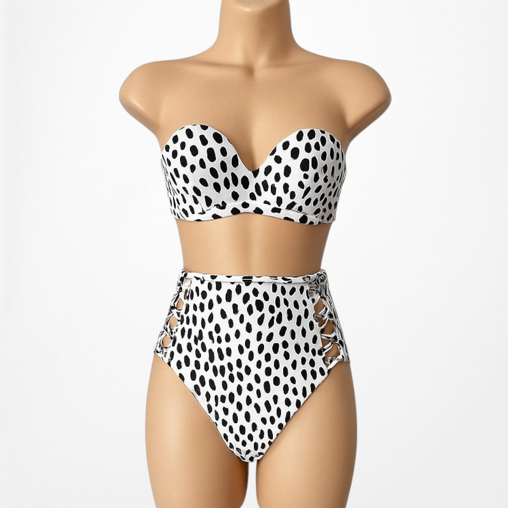 White Black Polka Dot High Waisted Cutout Strapless Two Piece Swimsuit Size XS/S