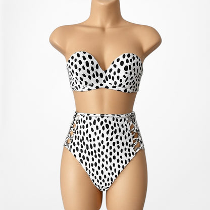 White Black Polka Dot High Waisted Cutout Strapless Two Piece Swimsuit Size XS/S