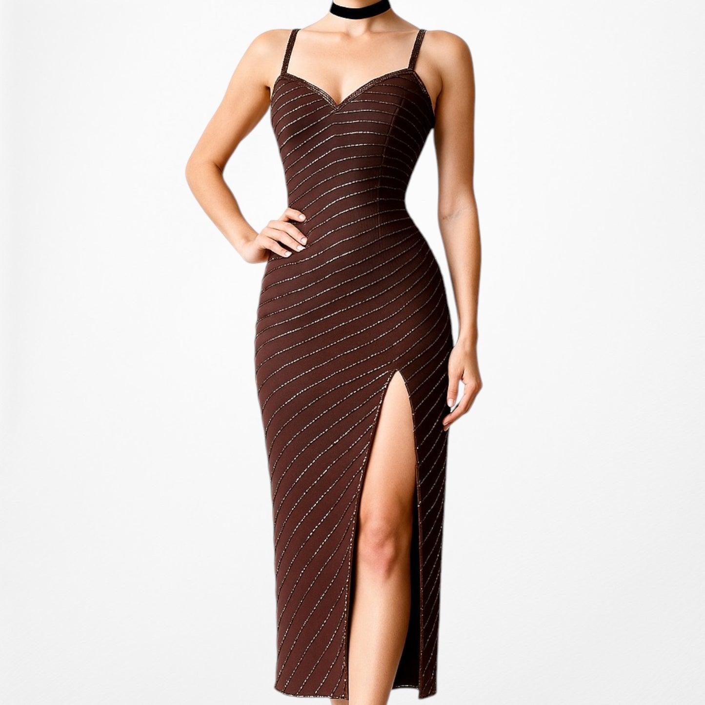 Vintage Brown Beaded Silk Knee Length Thigh High Side Slit Bodycon Dress Size XS