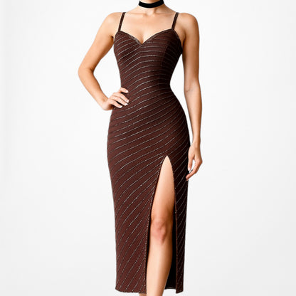 Vintage Brown Beaded Silk Knee Length Thigh High Side Slit Bodycon Dress Size XS