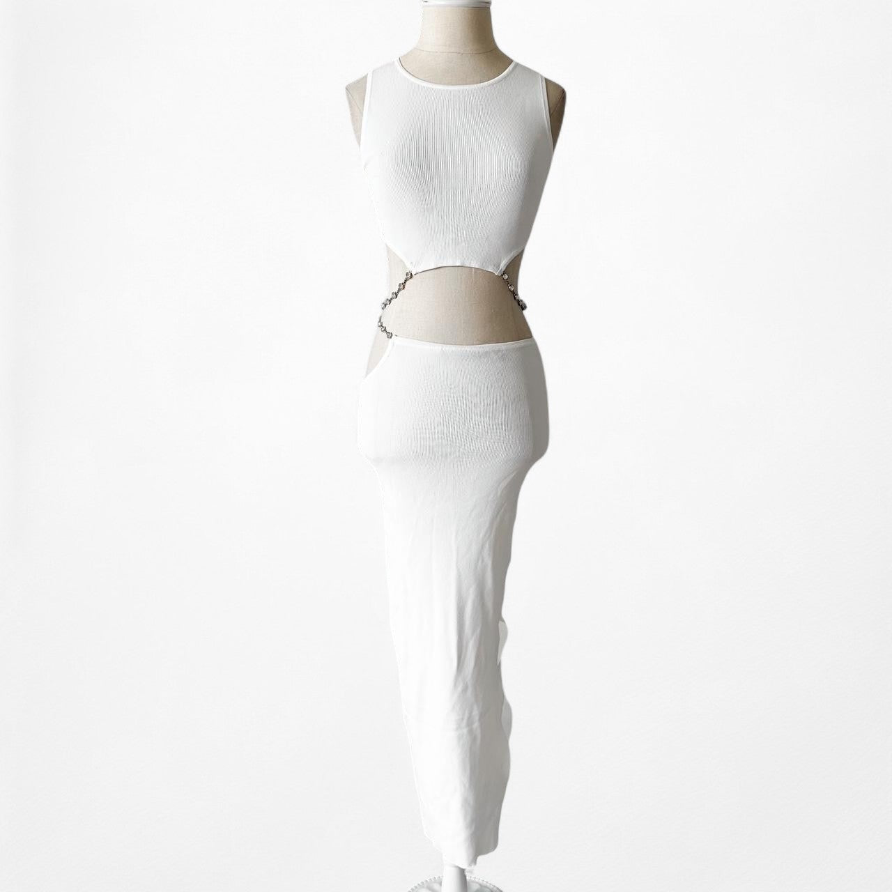 Zara White Knit Rhinestone Crop Top Maxi Pencil Side Slit Skirt Two Piece Set