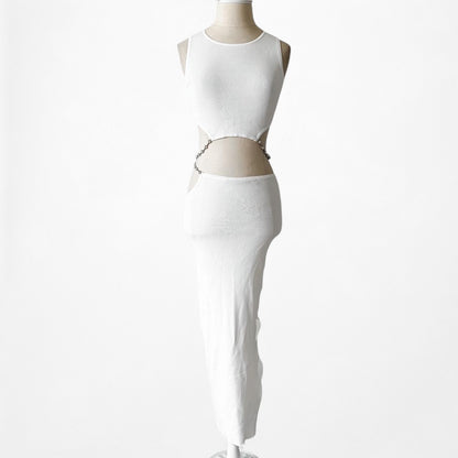 Zara White Knit Rhinestone Crop Top Maxi Pencil Side Slit Skirt Two Piece Set