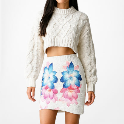 White Blue Pink Knit Floral Mini Bodycon Asymmetric High Waisted Skirt S