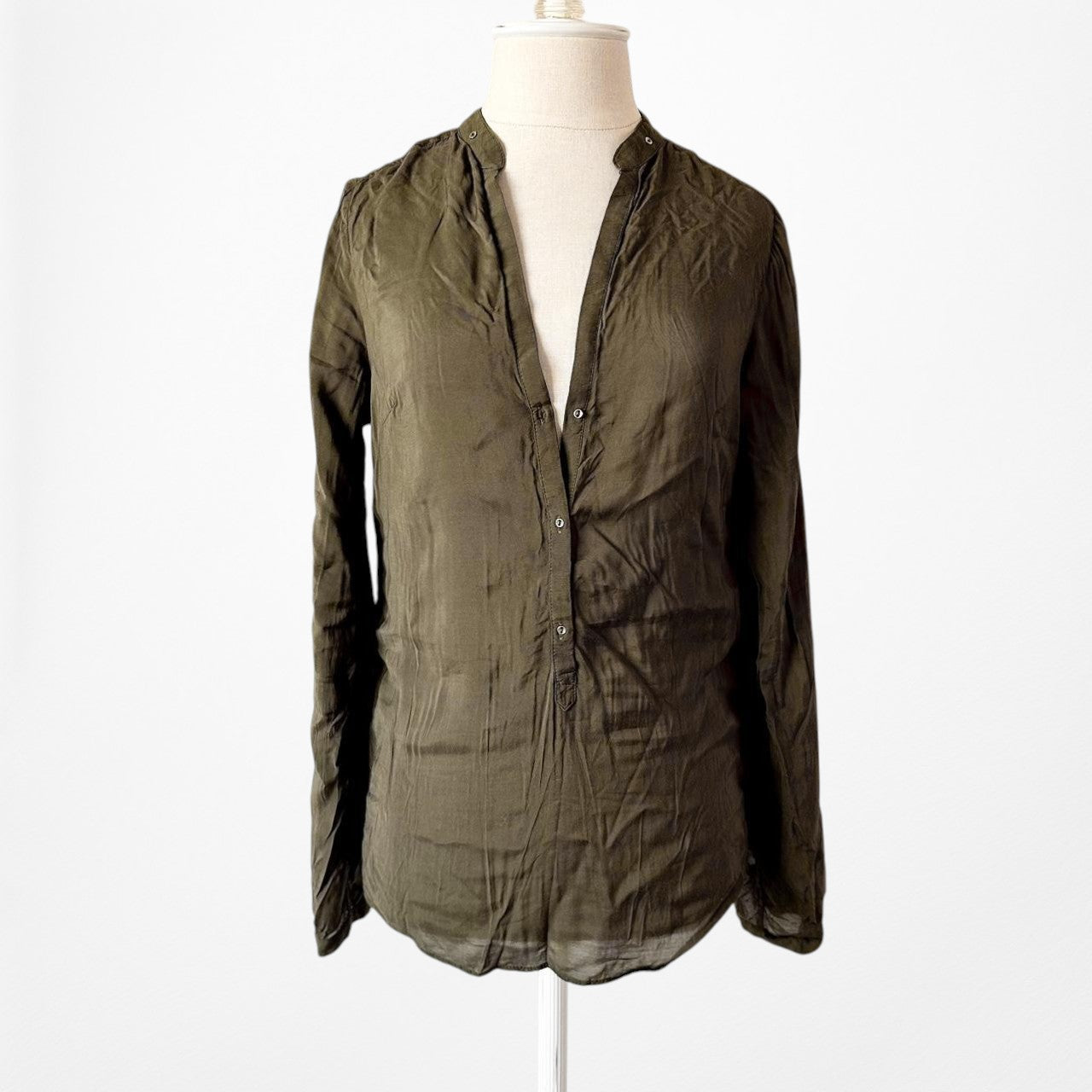 Zara Olive Camo Green Long Sleeve Henley Button Front Blouse Top Size XS/S