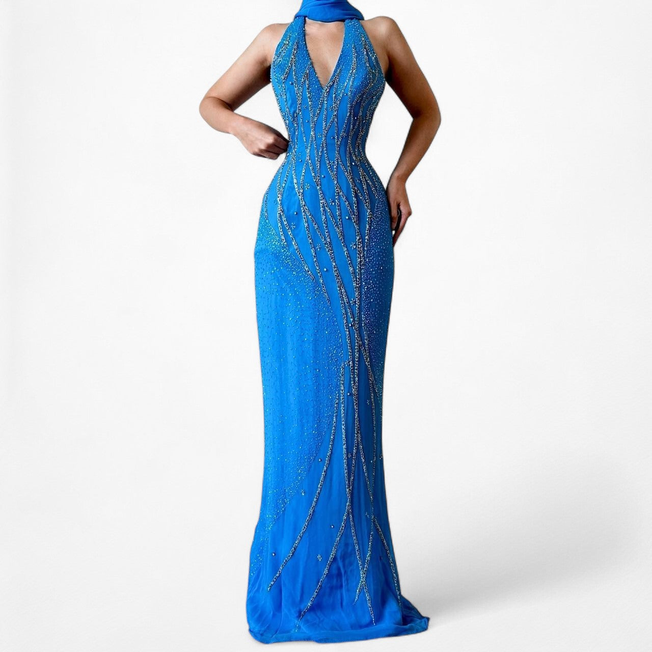 Vintage Blue Silk Beaded Scarf Halter Maxi Bodycon Prom Dress Size S/M