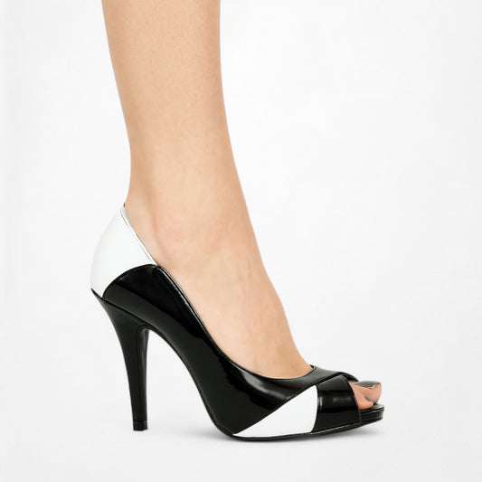 Nine West Black White Patent Faux Leather Peep Toe Stiletto Heels Pump Size 6