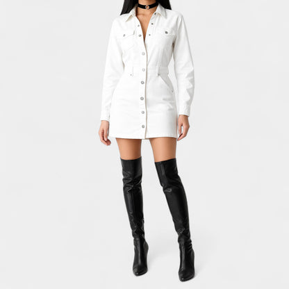 Zara White Button Front Long Sleeve Denim Mini Shirt Casual Dress Size XS/S