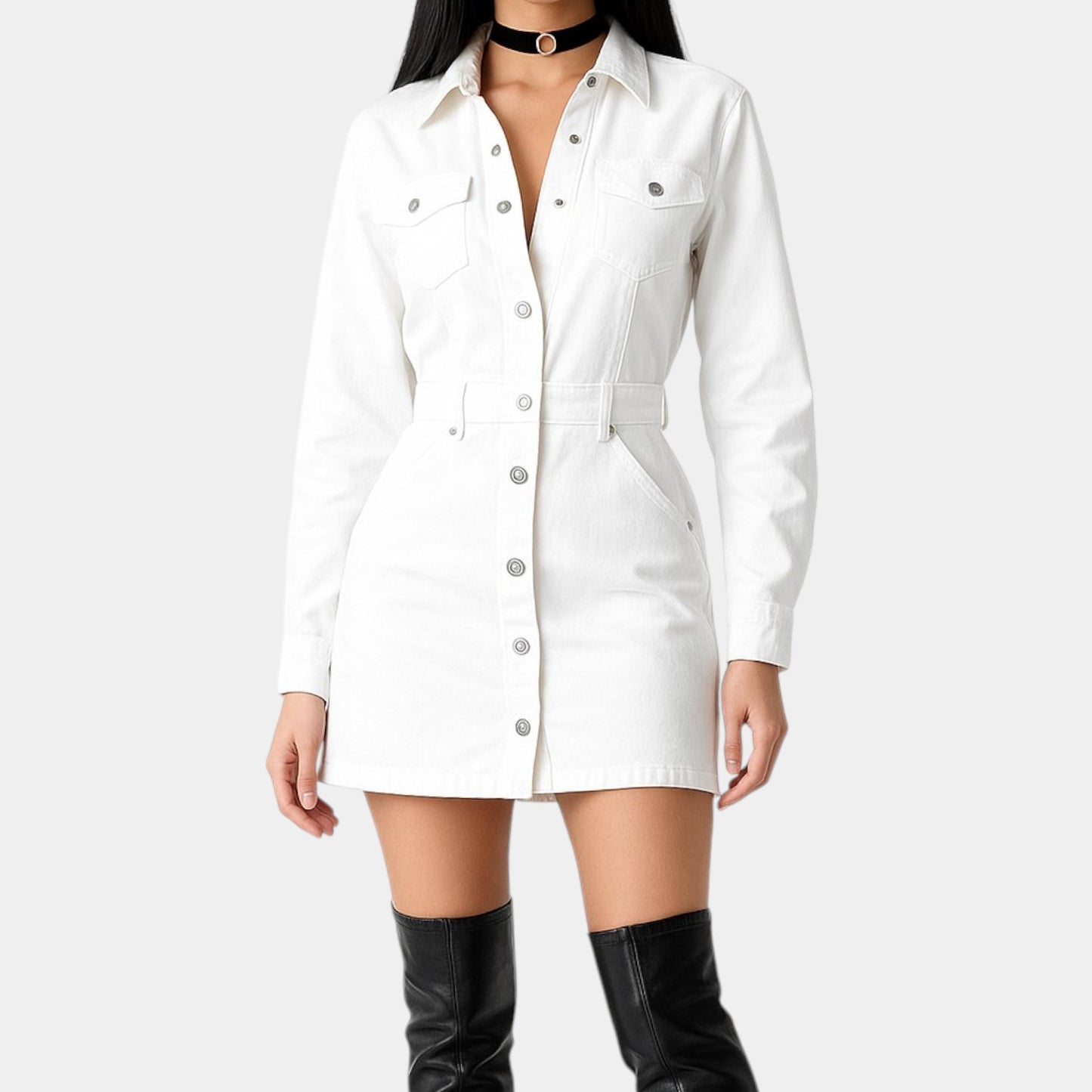 Zara White Button Front Long Sleeve Denim Mini Shirt Casual Dress Size XS/S