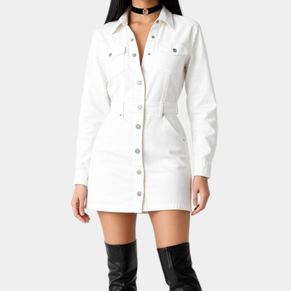 Zara White Button Front Long Sleeve Denim Mini Shirt Casual Dress Size XS/S