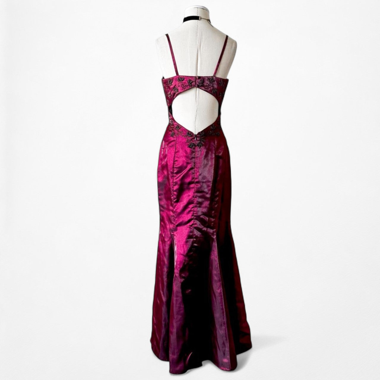 Vintage Burgundy Red Satin Beaded Fit Flared Maxi Prom Dress Size S