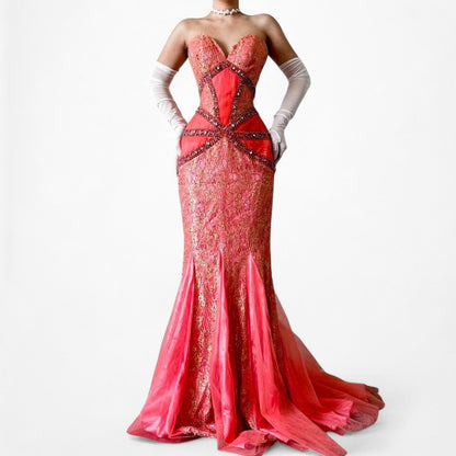 Vintage Pink Strapless Lace Beaded Fishtail Bodycon Prom Dress Size M