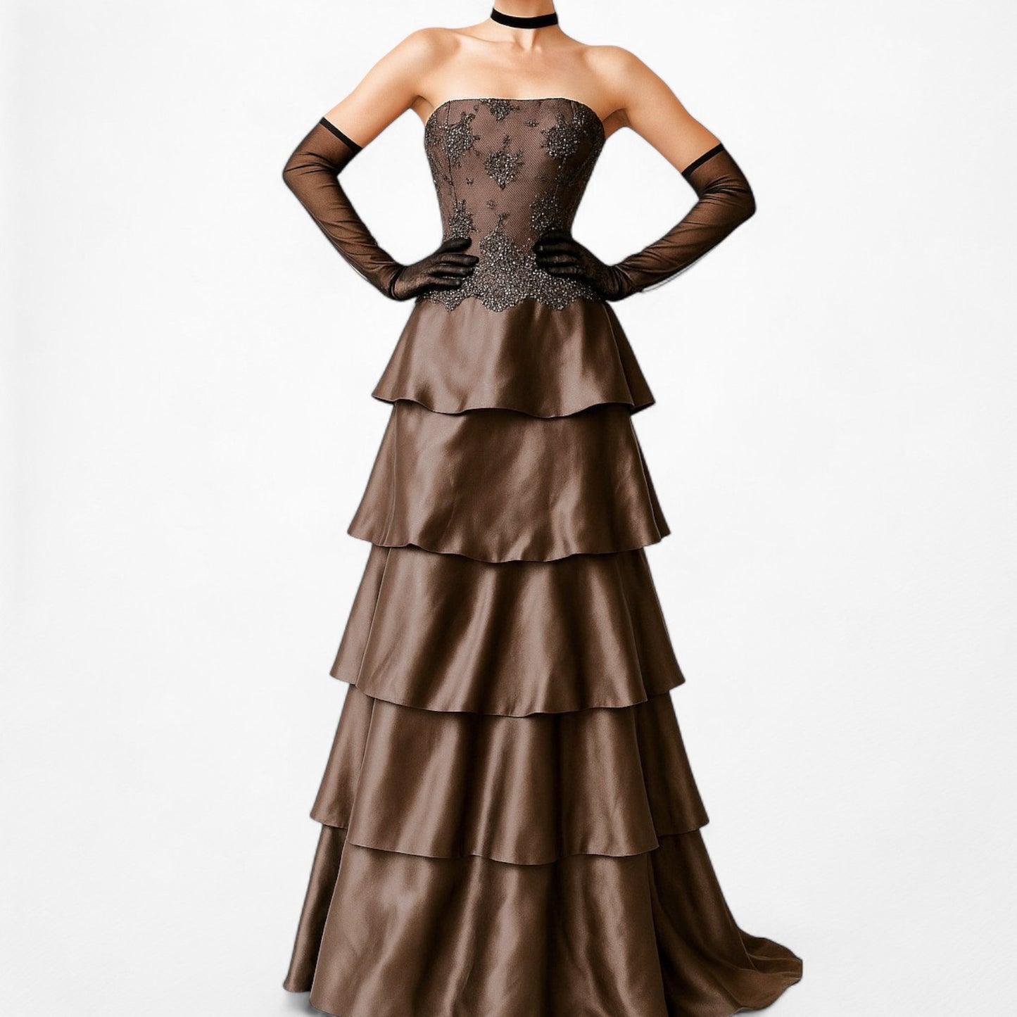 Vintage Brown Silk Strapless Beaded Mesh Ruffle Flared Prom Dress Size M