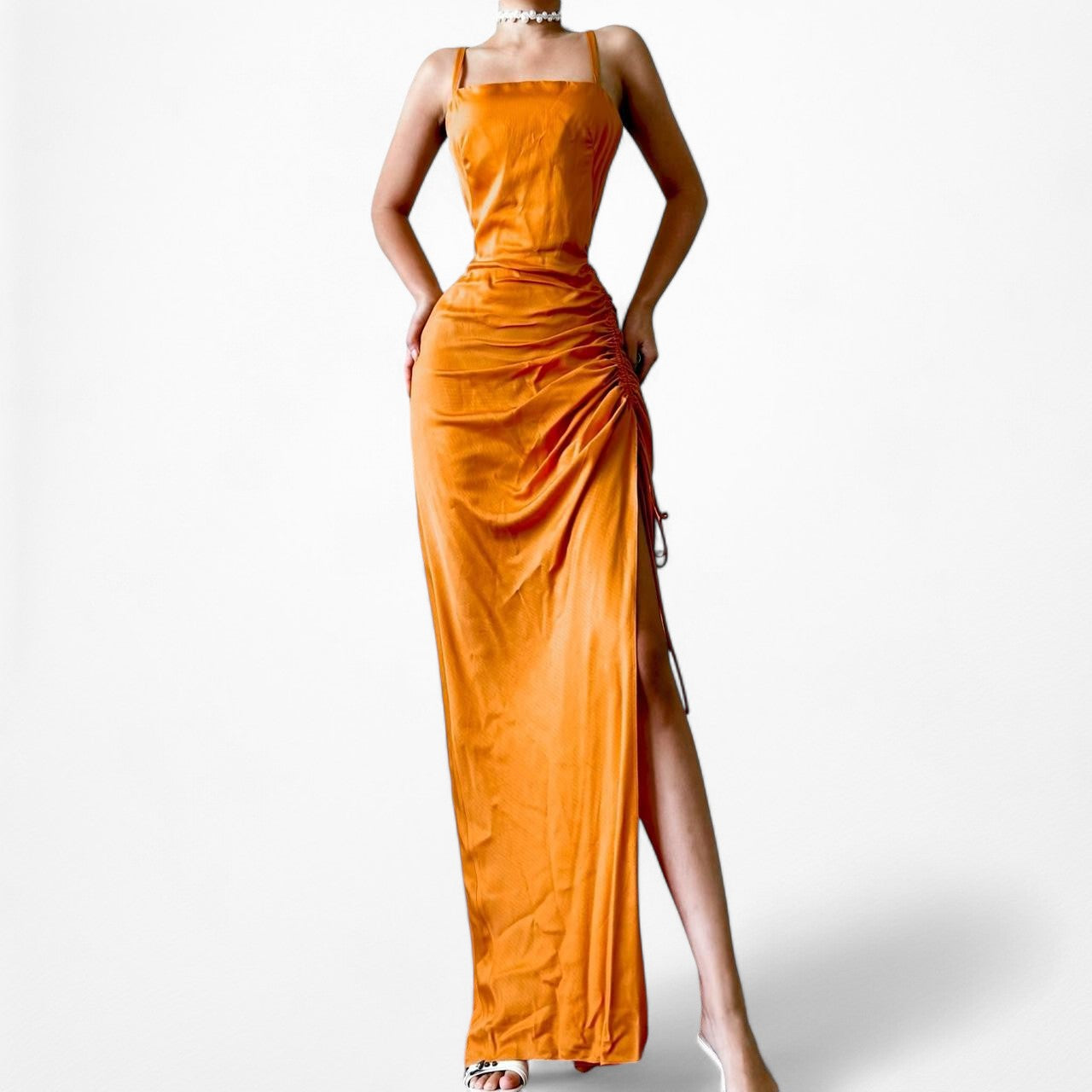 Zara Orange Ruched Pleated Side Slit Maxi Bodycon Linen Dress Size XS/S