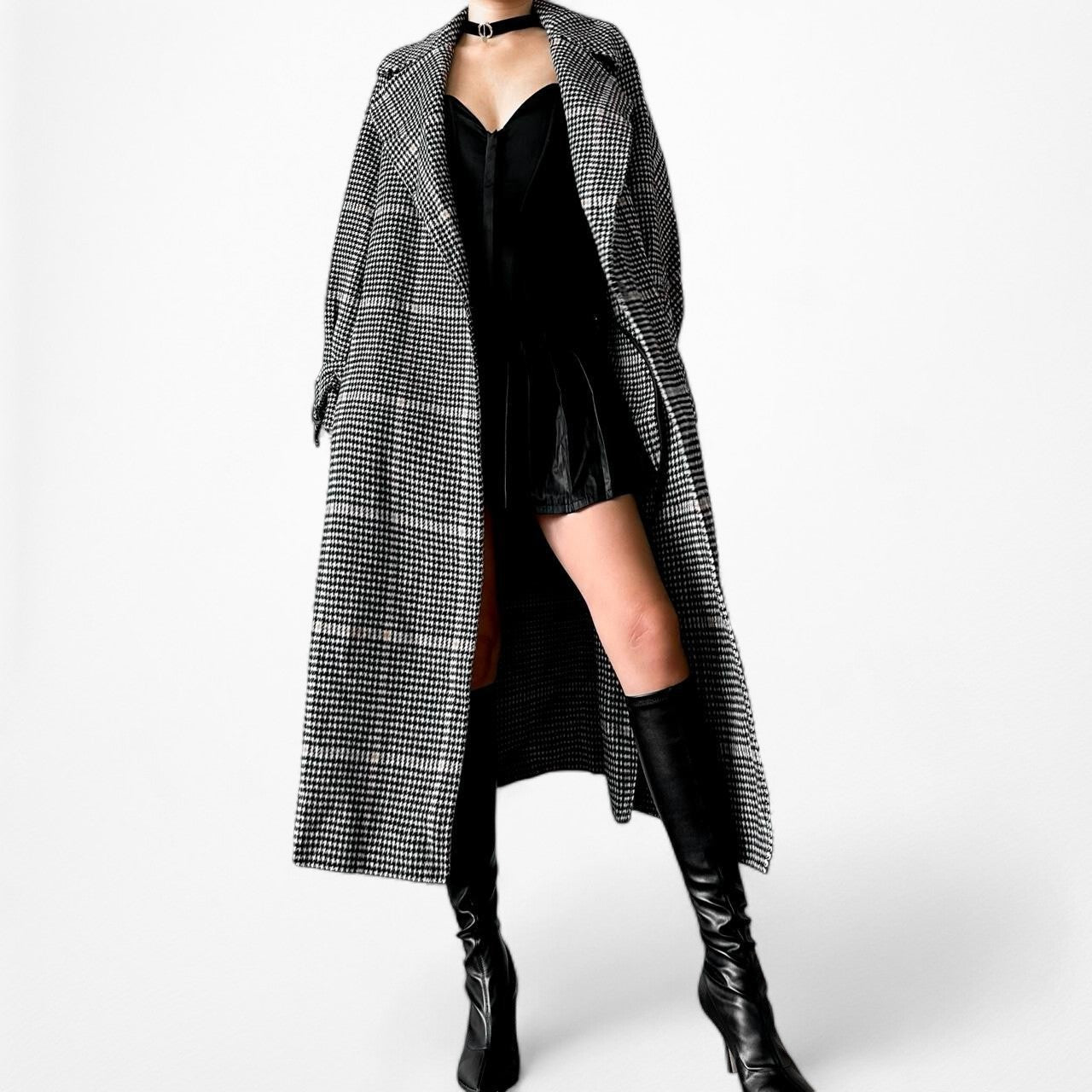 Zara Gray Checkered Plaid Oversized Wool Waist Tie Trench Style Jacket Coat