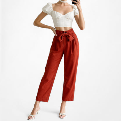 Mango Orange High Waisted Paperbag Waist Tie Cropped Capri Pants Size XS/S