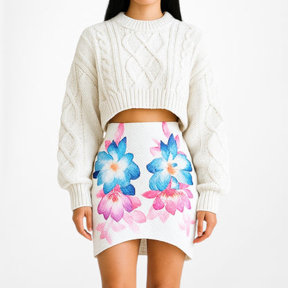 White Blue Pink Knit Floral Mini Bodycon Asymmetric High Waisted Skirt S