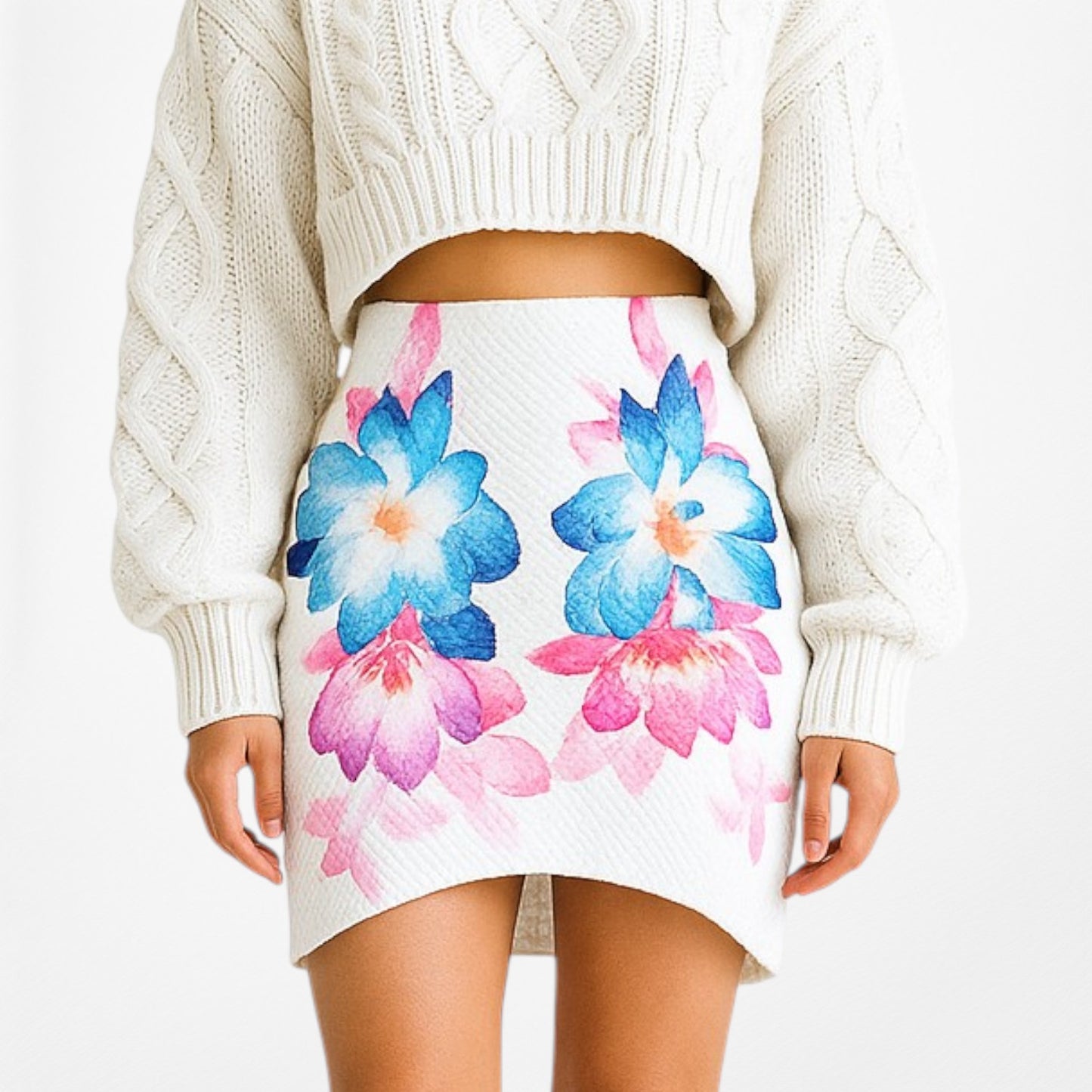White Blue Pink Knit Floral Mini Bodycon Asymmetric High Waisted Skirt S