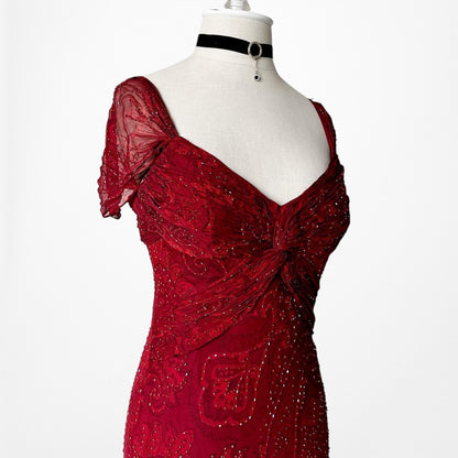 Vintage Red Beaded Fit Flared Silk Bodycon Maxi Prom Scarf Dress Size S/M