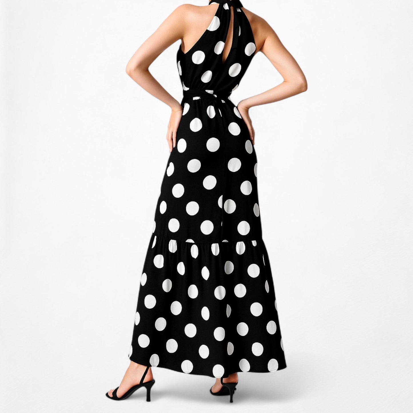 Mango Black White Turtleneck Polka Dot Fit Flared Maxi Sundress Dress Size XS/S
