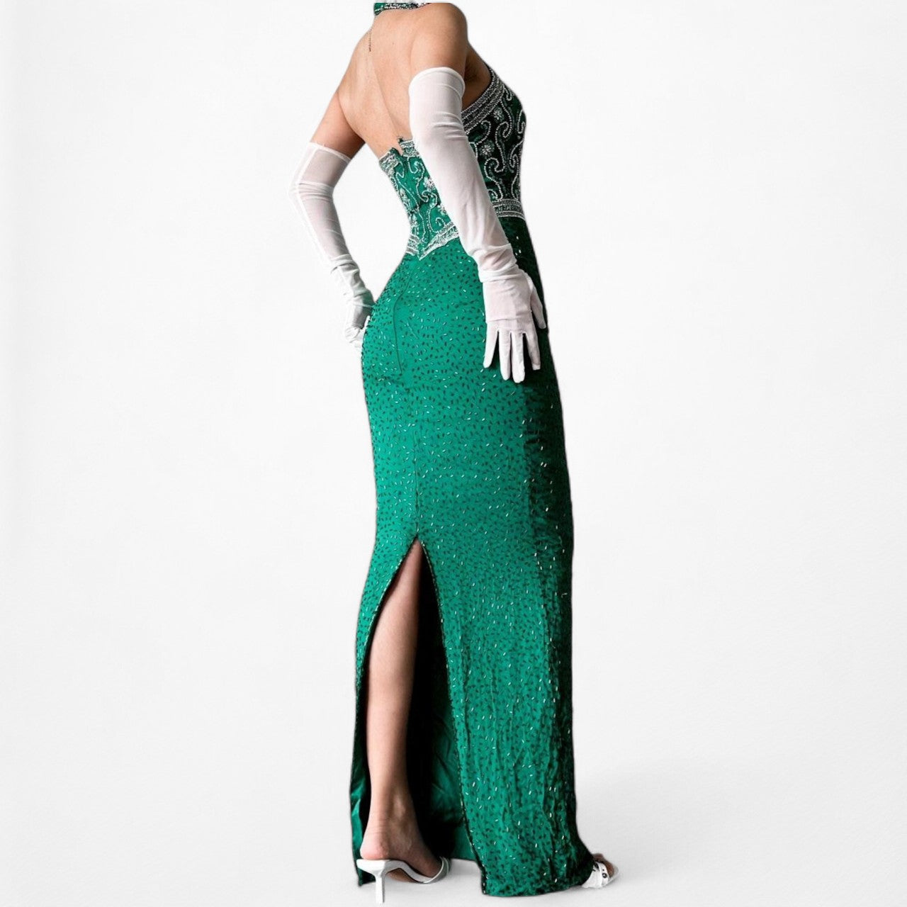 Vintage Green Beaded Halter Neck Bodycon Maxi Prom Dress Size XS/S