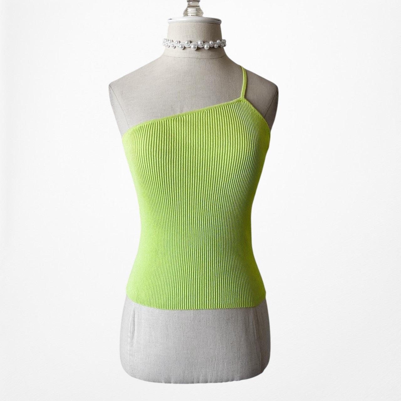 Zara Neon Green One Shoulder Ribbed Knit Pullover Cami Tank Top Size S