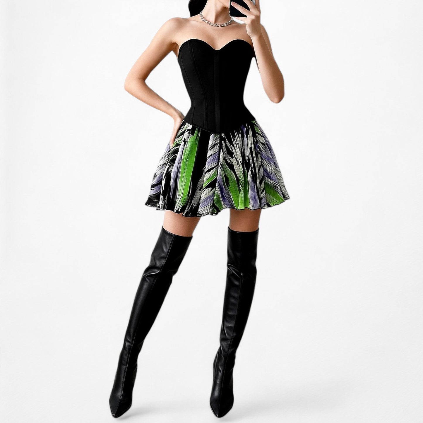 Bebe Black Silk White Purple Green Flared Pleated Skater Flowy Mini Skirt Size S