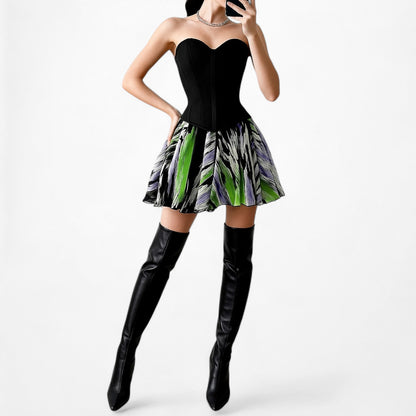 Bebe Black Silk White Purple Green Flared Pleated Skater Flowy Mini Skirt Size S