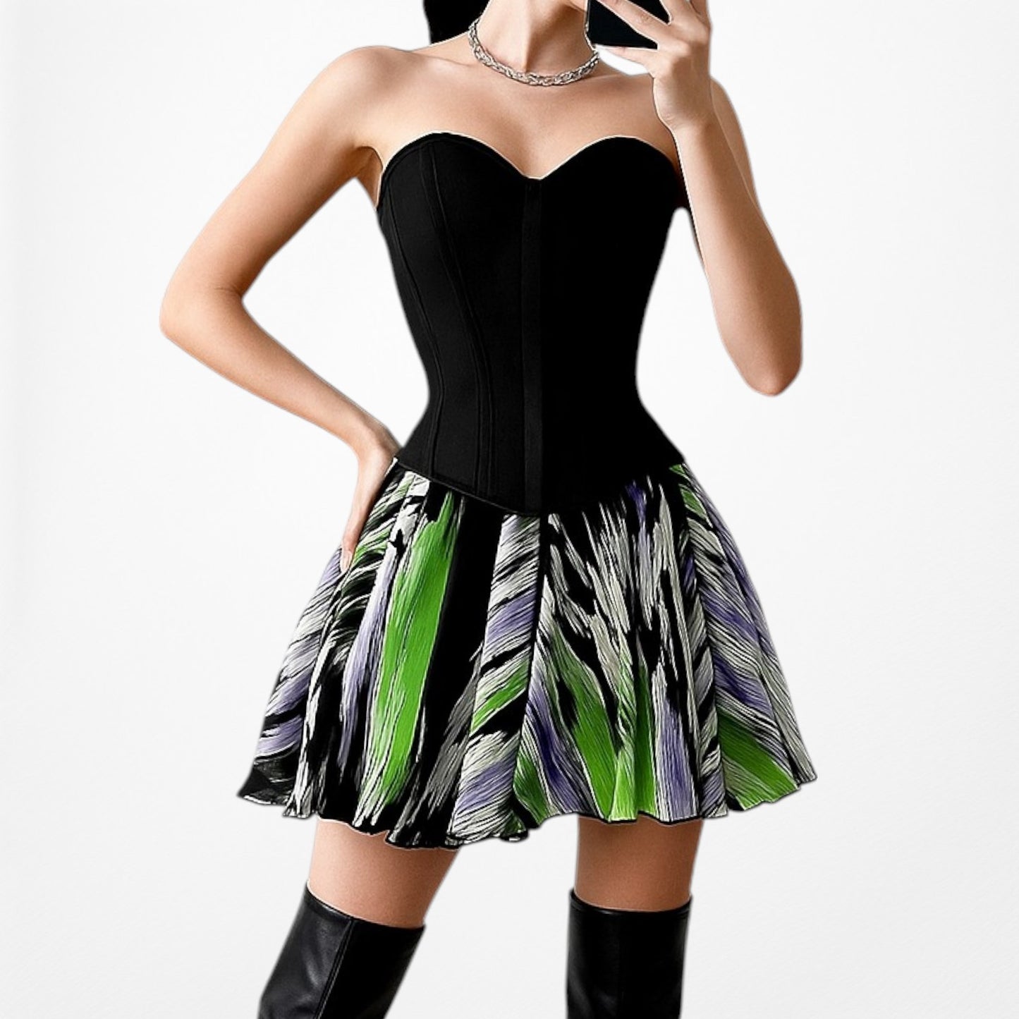 Bebe Black Silk White Purple Green Flared Pleated Skater Flowy Mini Skirt Size S