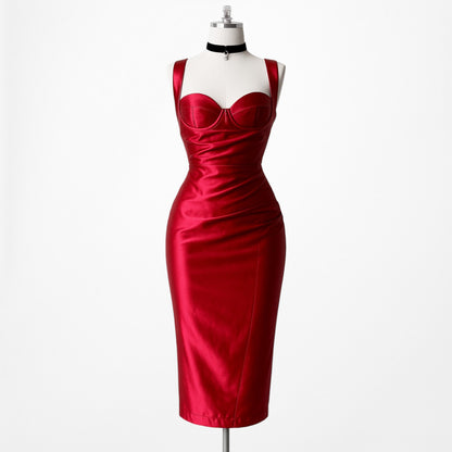Fashion Nova Red Satin Sweetheart Corset Style Knee Length Bodycon Dress Size M