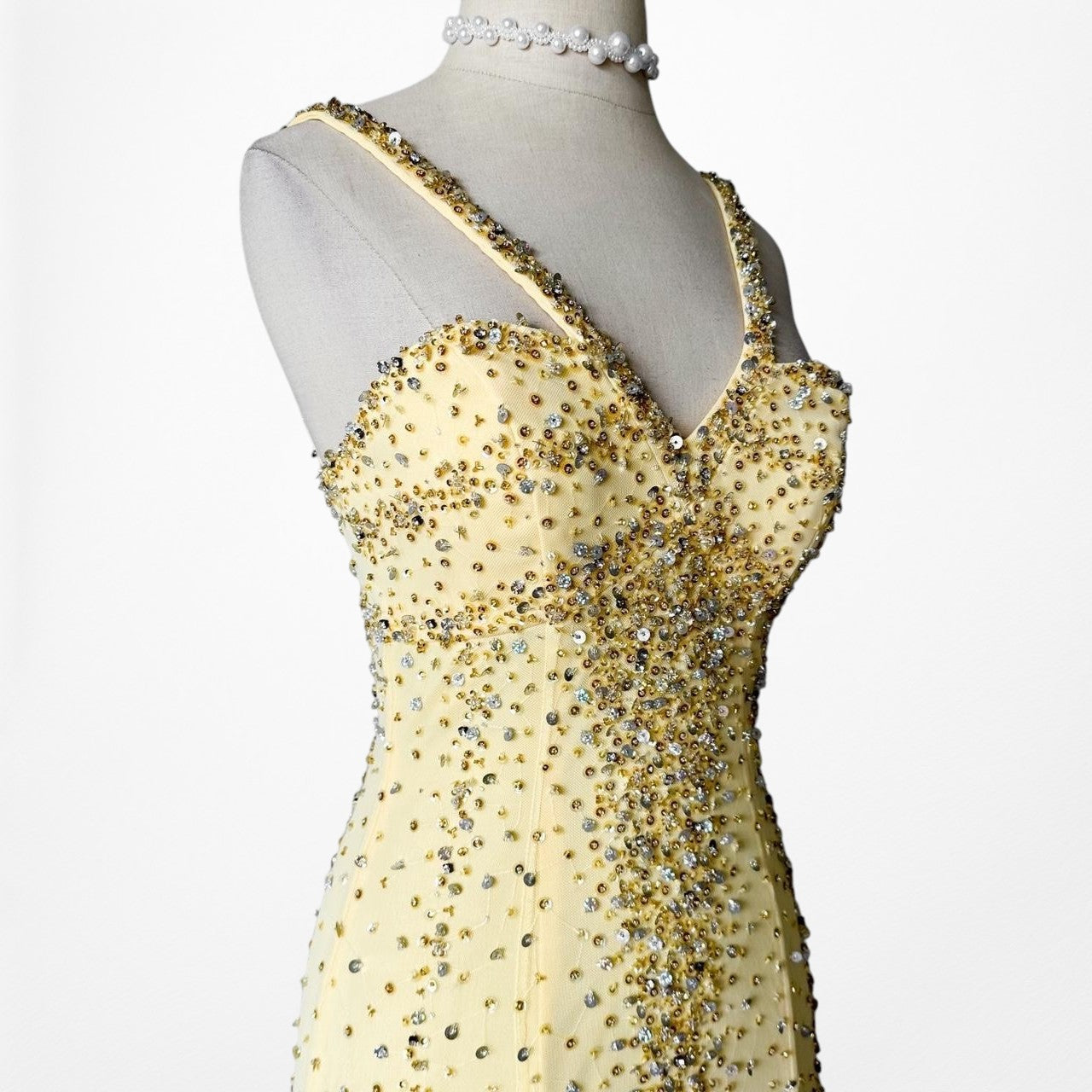 Vintage Yellow Beaded Mesh Bodycon Maxi Prom Dress Size XS/S