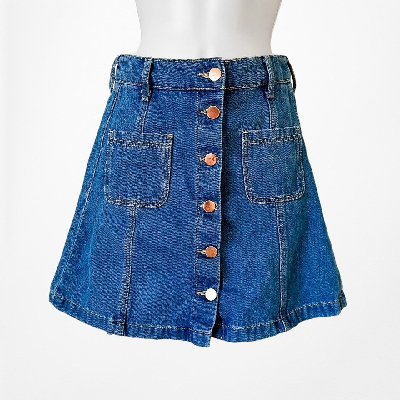 H&M Blue Button Front High Waisted Denim A-Line Mini Skirt Size XS