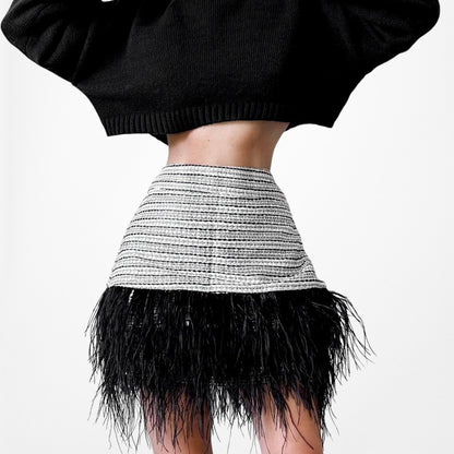 Sail To Sable Gray Black Feather Striped High Waisted A-Line Mini Skirt Size S