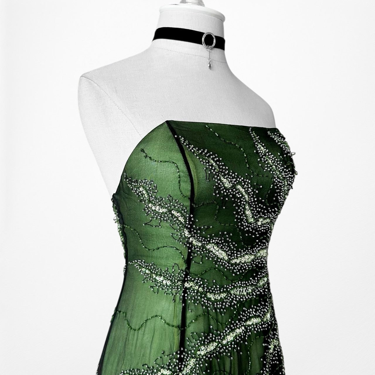 Vintage Green Strapless Silk Beaded High Low Mesh Maxi Flared Dress Size S