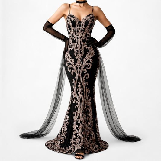 Vintage Black Gold Sequin Knit Maxi Bodycon Formal Prom Dress Size S