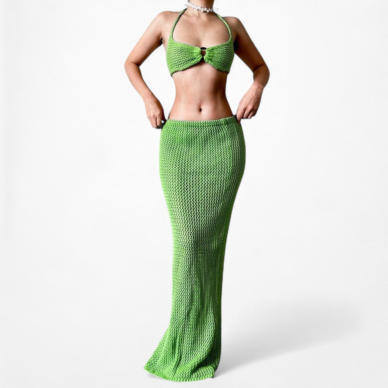 Nakd Green Crochet Bandeau Maxi Bodycon Skirt Two Piece Cover Up Set Size S