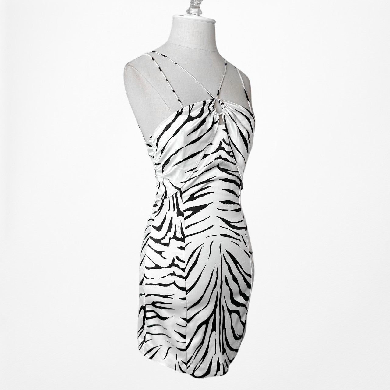 Zara Black White Animal Zebra Print Satin Mini Bodycon Dress Size S