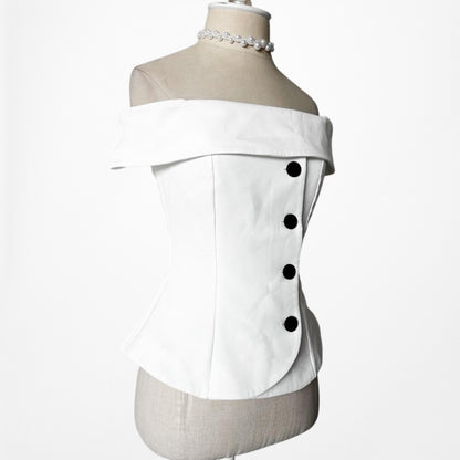 River Island White Button Front Off The Shoulder Peplum Blouse Top Size XS/S