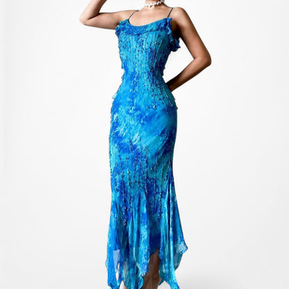 Vintage Blue Beaded Ruffle Silk Asymmetric Hem Midi Dress Size S