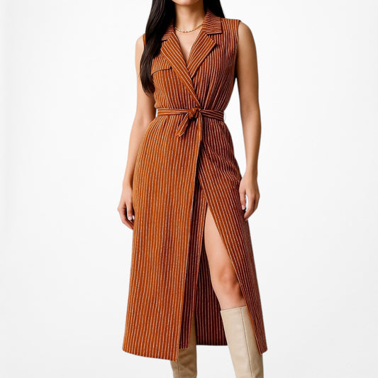 Mango Sleeveless Striped Waist Tie Trenchcoat Vest Midi Dress Size XS/S/M