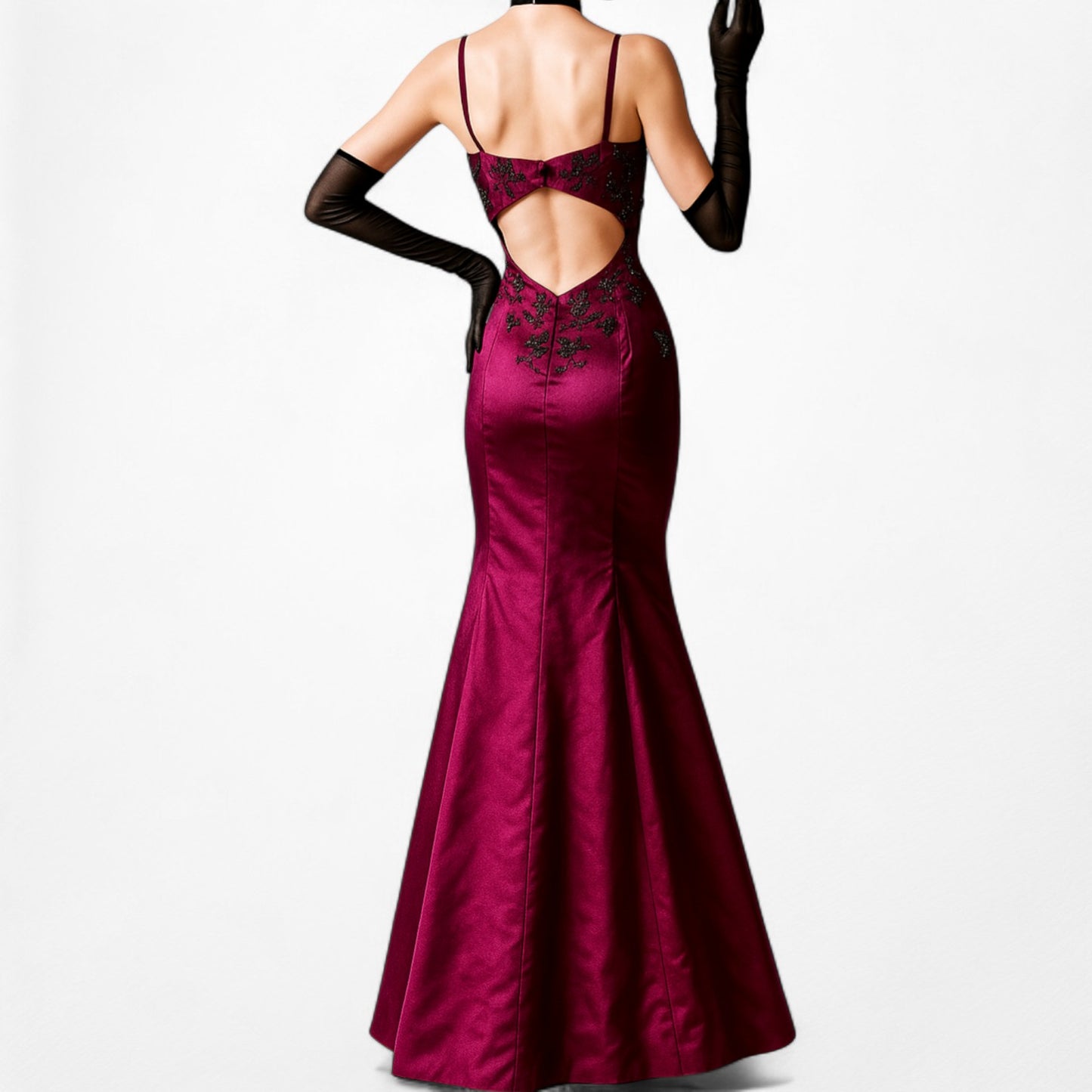 Vintage Burgundy Red Satin Beaded Fit Flared Maxi Prom Dress Size S