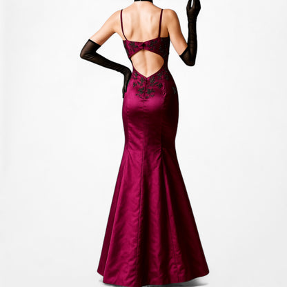 Vintage Burgundy Red Satin Beaded Fit Flared Maxi Prom Dress Size S