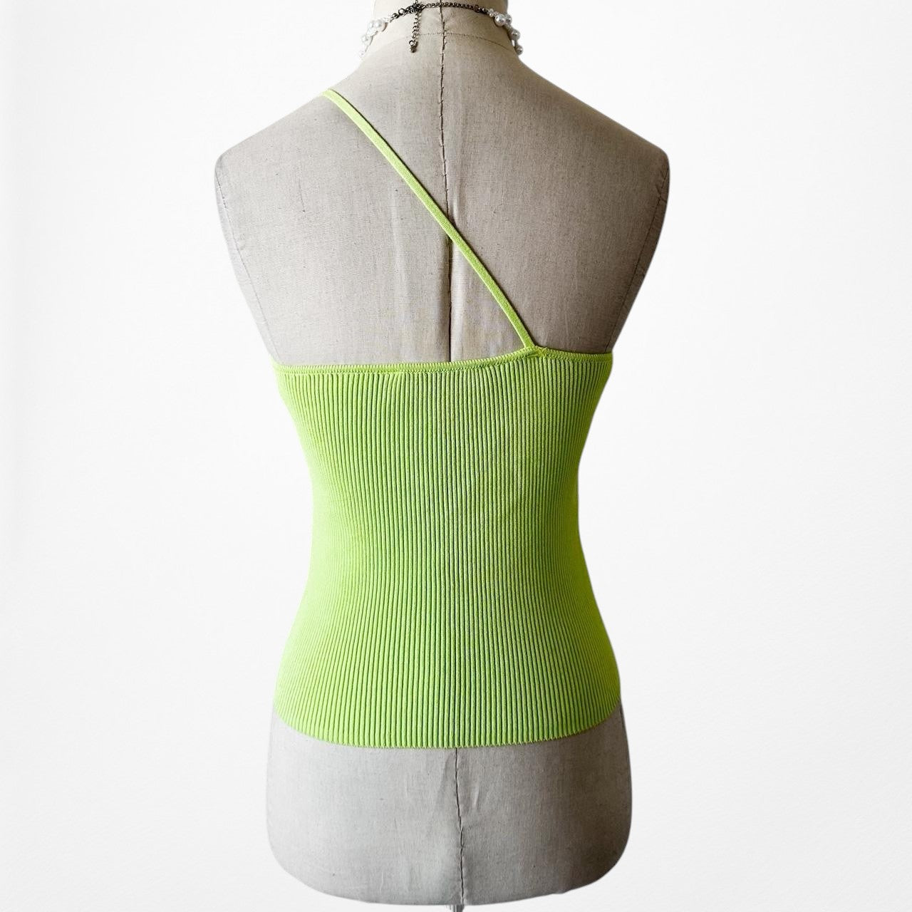 Zara Neon Green One Shoulder Ribbed Knit Pullover Cami Tank Top Size S