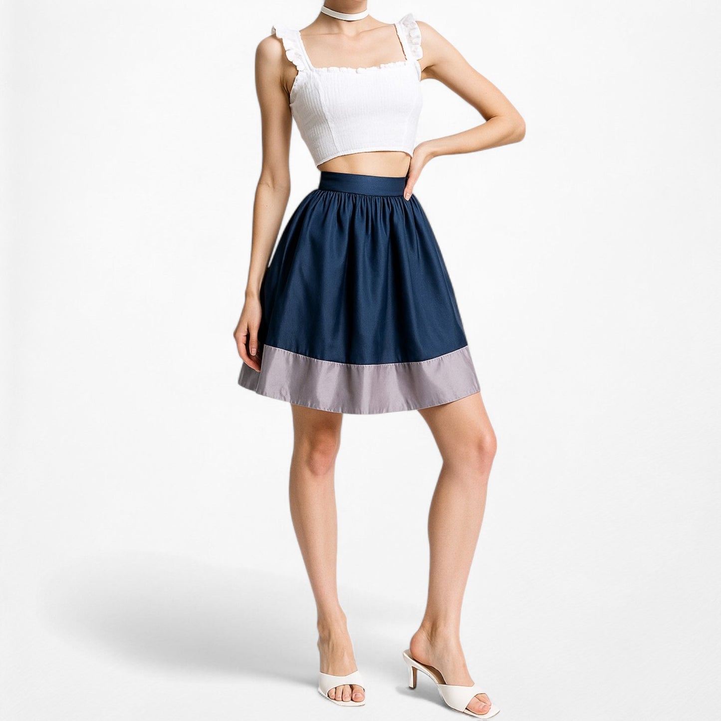 Vintage Y2K Satin High Waisted Navy Blue Silver Knee Length Flared Skirt Size S