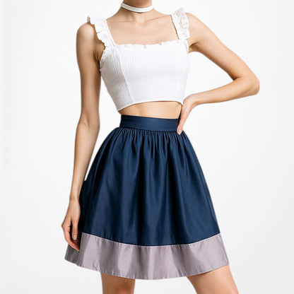 Vintage Y2K Satin High Waisted Navy Blue Silver Knee Length Flared Skirt Size S