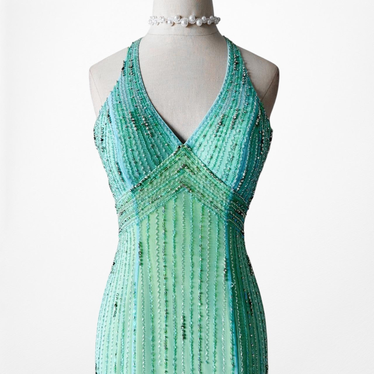 Vintage Blue Green Fit Flared Beaded Halter Mesh Maxi Prom Dress Size S