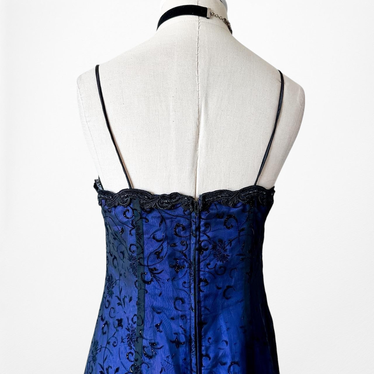 Vintage Black Blue Velvet Mesh Glitter Fit Flared Maxi Prom Dress Size M