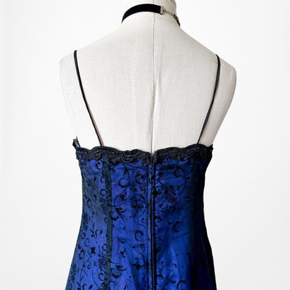 Vintage Black Blue Velvet Mesh Glitter Fit Flared Maxi Prom Dress Size M