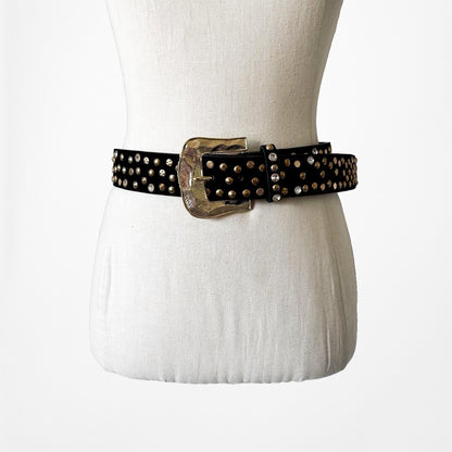 Zara Black Suede Gold Hardware Rhinestone Western Cowboy Inspired Belt